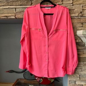 CALVIN KLEIN WOMENS M PINK MILITARY INSPIRED SHEER GOLD ZIPPER ROLL TAB BLOUSE